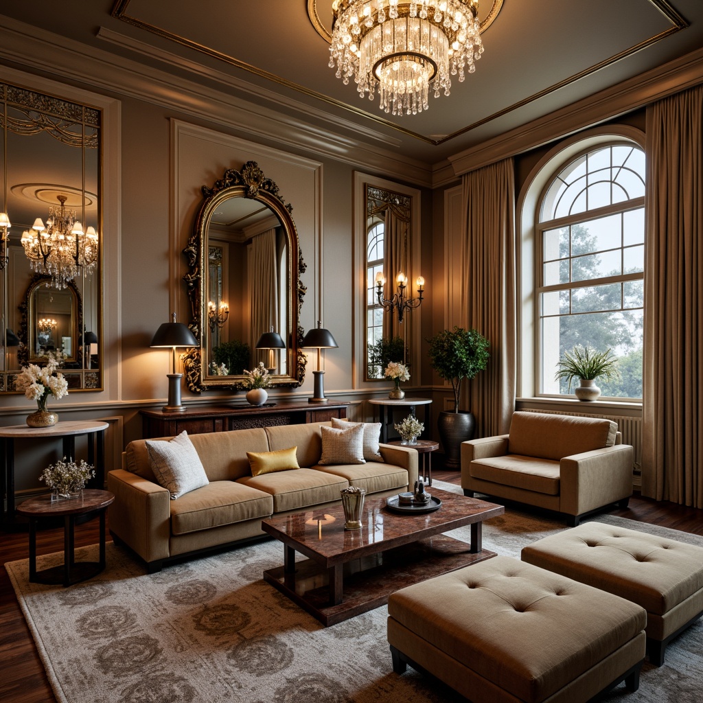 Prompt: Luxurious living room, velvet sofas, mahogany coffee tables, ornate mirrors, crystal chandeliers, plush area rugs, tufted ottomans, sleek marble consoles, elegant vases, refined metal accents, subtle texture patterns, soft warm lighting, 1/2 composition, shallow depth of field, realistic reflections.