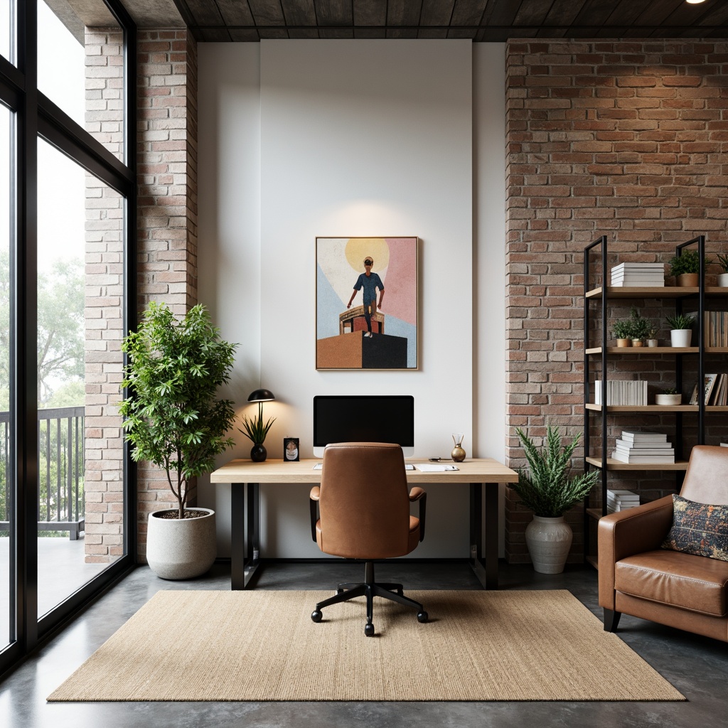 Prompt: Minimalist home office, wooden desk, ergonomic chair, floor-to-ceiling windows, natural light, green plants, abstract artwork, industrial-chic decor, exposed brick walls, polished concrete floors, modern minimalist shelving, sleek metal furniture, task-oriented lighting, warm neutral color scheme, cozy reading nook, comfortable seating area, 1/1 composition, soft focus, ambient occlusion.