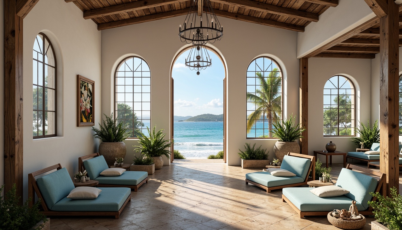 Prompt: Serene coastal landscape, crashing waves, salty air, rustic stone walls, white stucco exteriors, wooden accents, stained glass windows, vaulted ceilings, ornate chandeliers, pews with ocean-blue cushions, soft warm lighting, shallow depth of field, 1/1 composition, symmetrical framing, natural textures, subtle color palette, calming atmosphere, gentle sea breeze, sandy floors, driftwood decorations, nautical-themed accents.