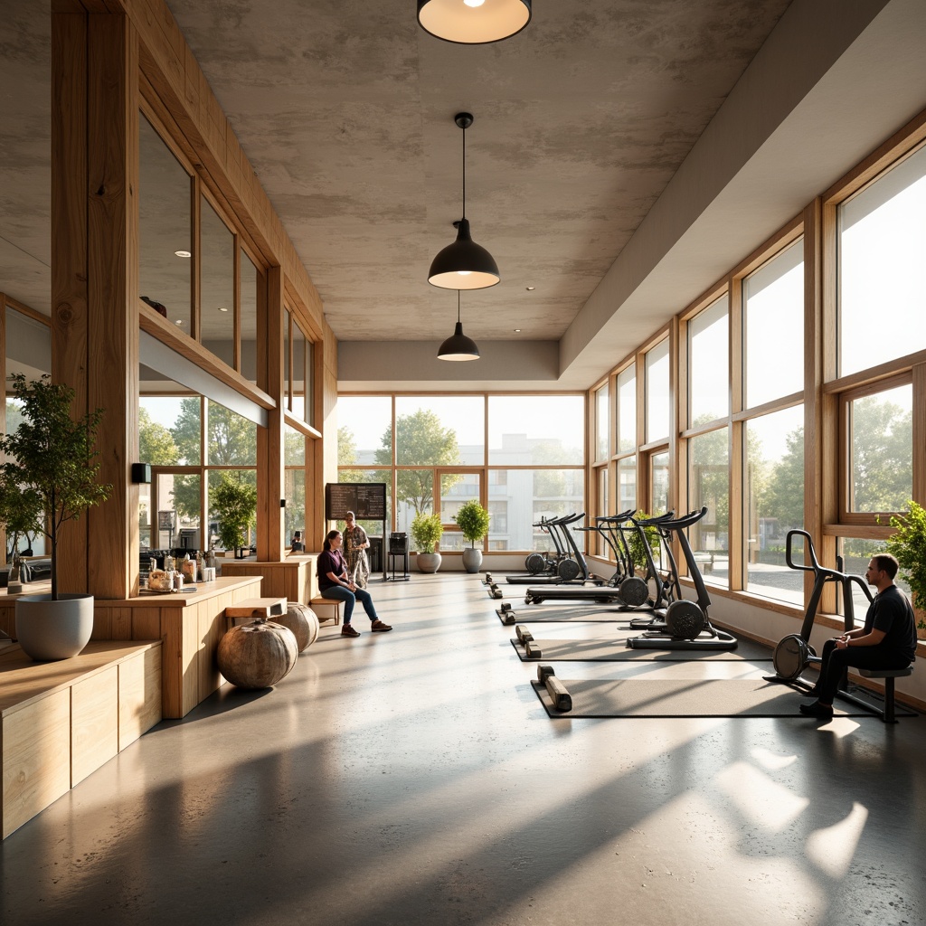 Prompt: Bright fitness studio, Nordic minimalist aesthetic, light wood accents, polished concrete floors, floor-to-ceiling windows, natural daylight, soft warm lighting, pendant lamps, suspended LED lights, mirrored walls, modern exercise equipment, free weights, cardio machines, yoga mats, calm ambiance, serene atmosphere, morning sunlight, shallow depth of field, 1/1 composition, realistic textures, ambient occlusion.