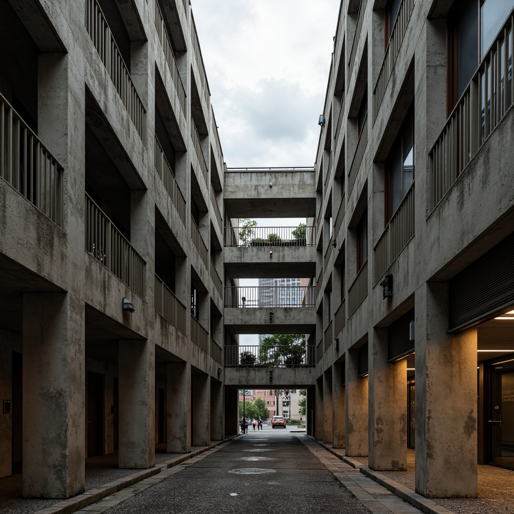 Prompt: Exposed concrete structures, rugged stone walls, bold steel beams, industrial pipes, brutalist architecture, muted earthy tones, raw unfinished textures, dramatic high-contrast lighting, ominous shadows, intense focal points, abstract geometric patterns, distressed metal accents, weathered wood elements, urban cityscape backdrop, cloudy overcast sky, cinematic composition, 2.35 aspect ratio, gritty realistic rendering, ambient occlusion.