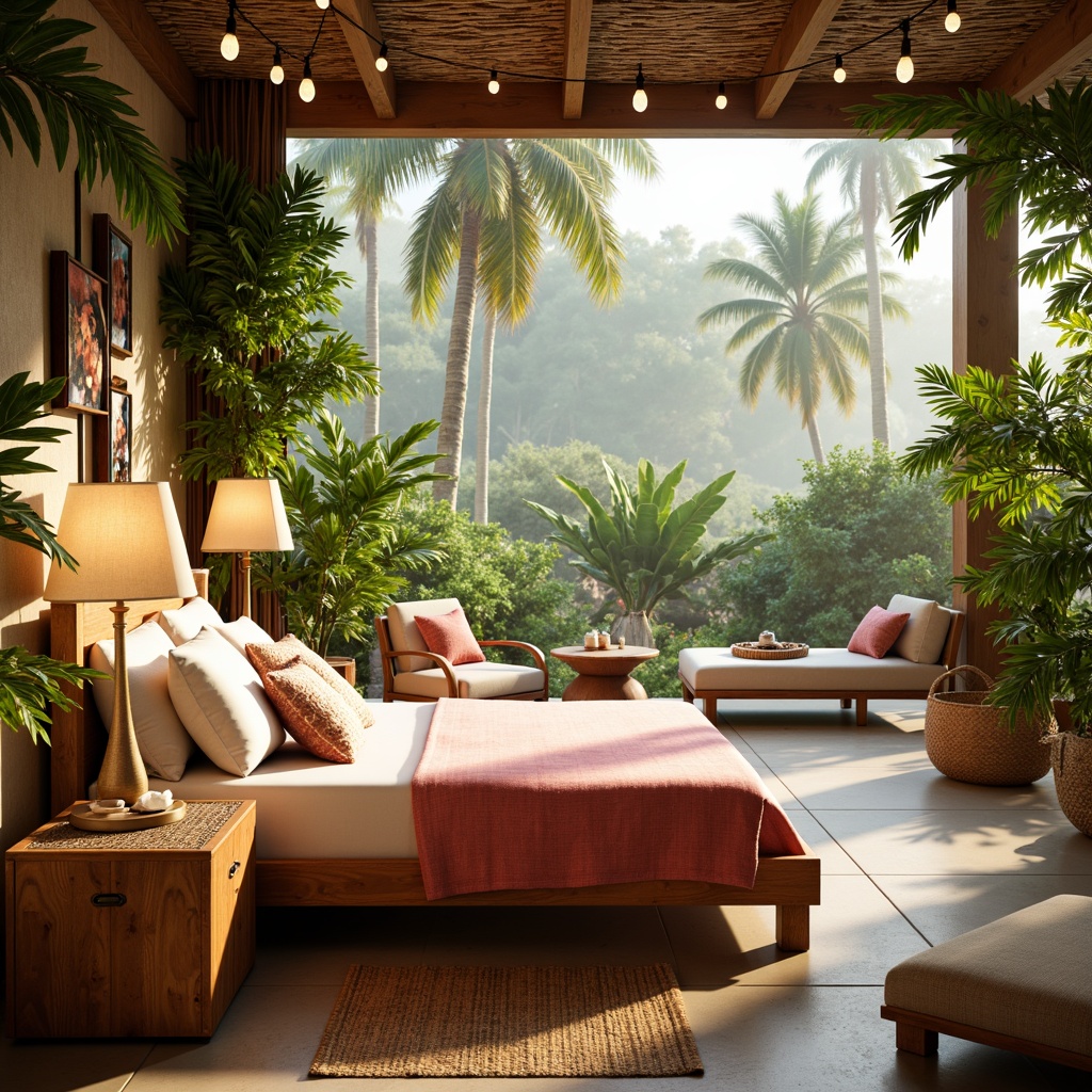 Prompt: \Vibrant tropical bedroom, warm wooden furniture, rattan accents, lush greenery, palm tree silhouettes, soft diffused lighting, floor lamps with natural linen shades, table lamps with wicker details, string lights with seashell decorations, warm white LED lighting, 3/4 composition, shallow depth of field, relaxed atmosphere, calming ambiance, serene morning light, sunny day, ocean-inspired color palette, creamy whites, sky blues, coral pinks.\Please let me know if this meets your requirements!