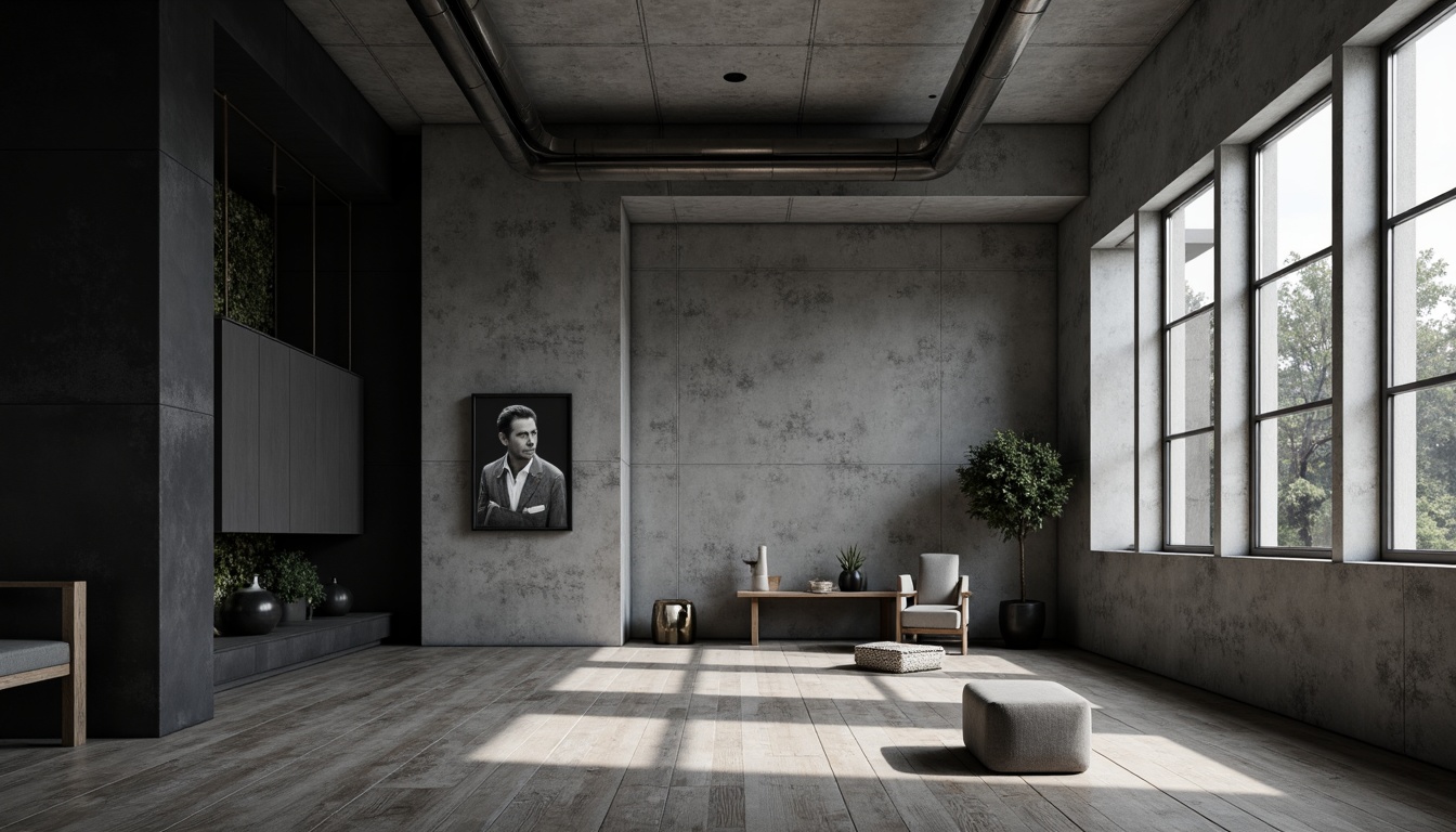 Prompt: Monochromatic color scheme, clean lines, minimal ornaments, industrial materials, exposed concrete walls, sleek metal accents, smooth wooden floors, matte black surfaces, natural stone textures, subtle ambient lighting, soft shadows, 1/1 composition, shallow depth of field, realistic reflections, atmospheric perspective.