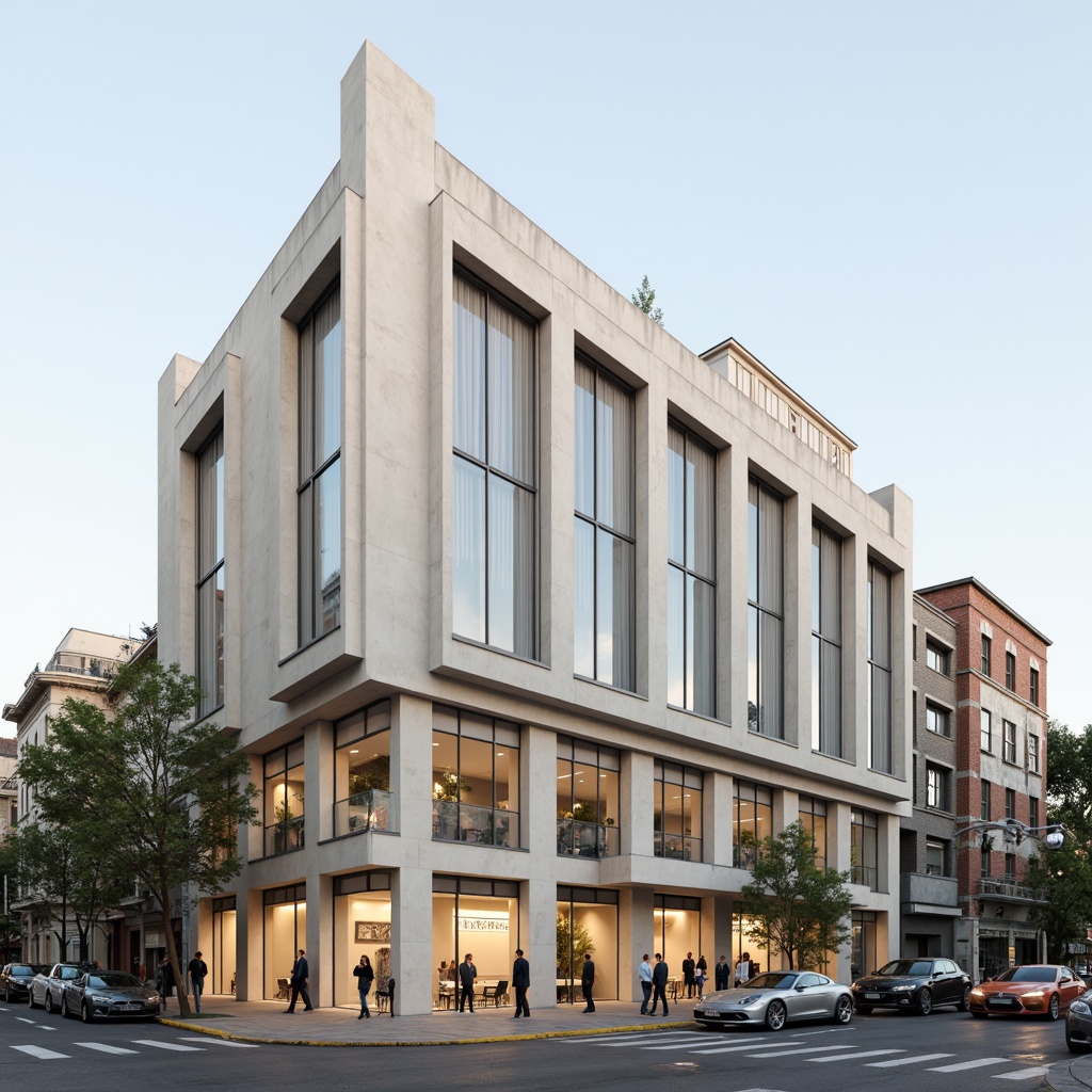 Prompt: Neutral toned modern building, minimalist architecture, clean lines, monochromatic color scheme, creamy whites, soft grays, taupe accents, natural stone walls, large glass windows, sleek metal frames, urban cityscape, busy street scene, morning light, soft shadows, shallow depth of field, 1/1 composition, symmetrical balance, realistic textures, ambient occlusion.