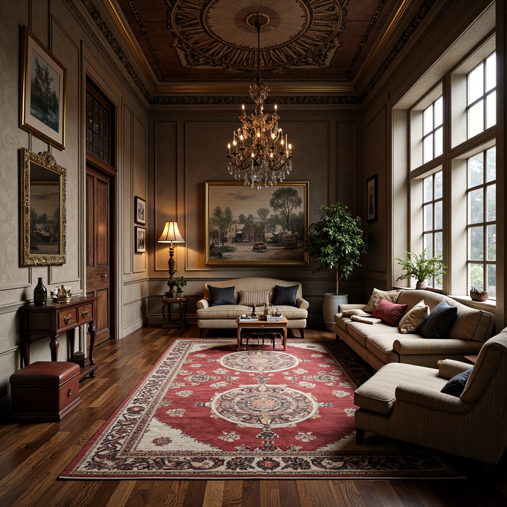 Prompt: \Intricate wooden floorboards, rich dark hardwood, ornate patterns, distressed finishes, luxurious textiles, plush area rugs, vintage-inspired furniture, elegant chandeliers, sophisticated color palette, high ceilings, large windows, natural light, warm cozy atmosphere, soft warm lighting, 3/4 composition, realistic textures, ambient occlusion.\