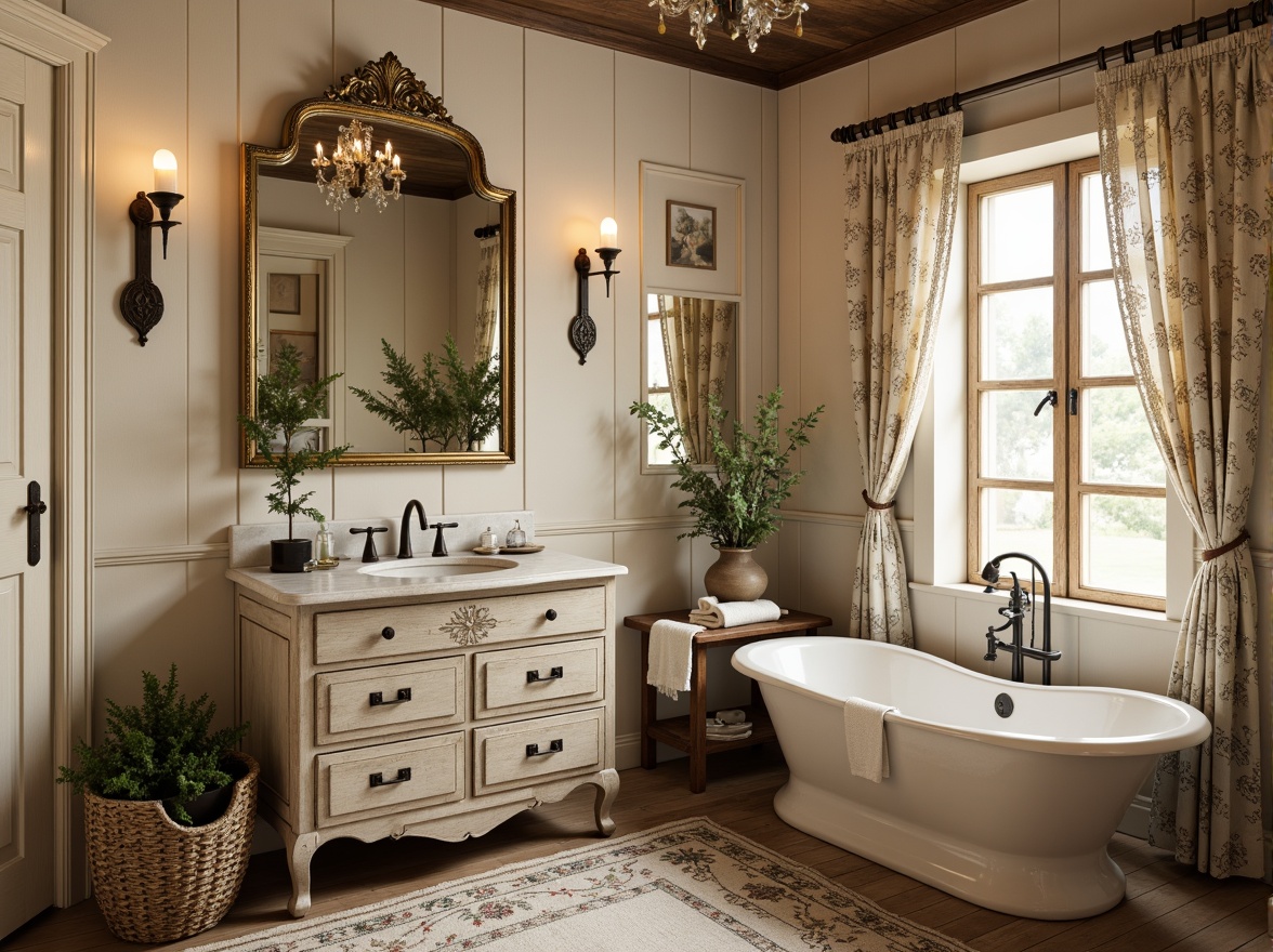 Prompt: Rustic powder room, distressed wood accents, soft cream walls, antique furniture, ornate mirrors, velvet drapes, lace trimmings, floral patterns, toile de Jouy fabrics, subtle sheen, natural fibers, woven baskets, vintage perfume bottles, porcelain vases, candlelit ambiance, warm beige tones, traditional French country style, elegant chandeliers, delicate carvings, romantic atmosphere.