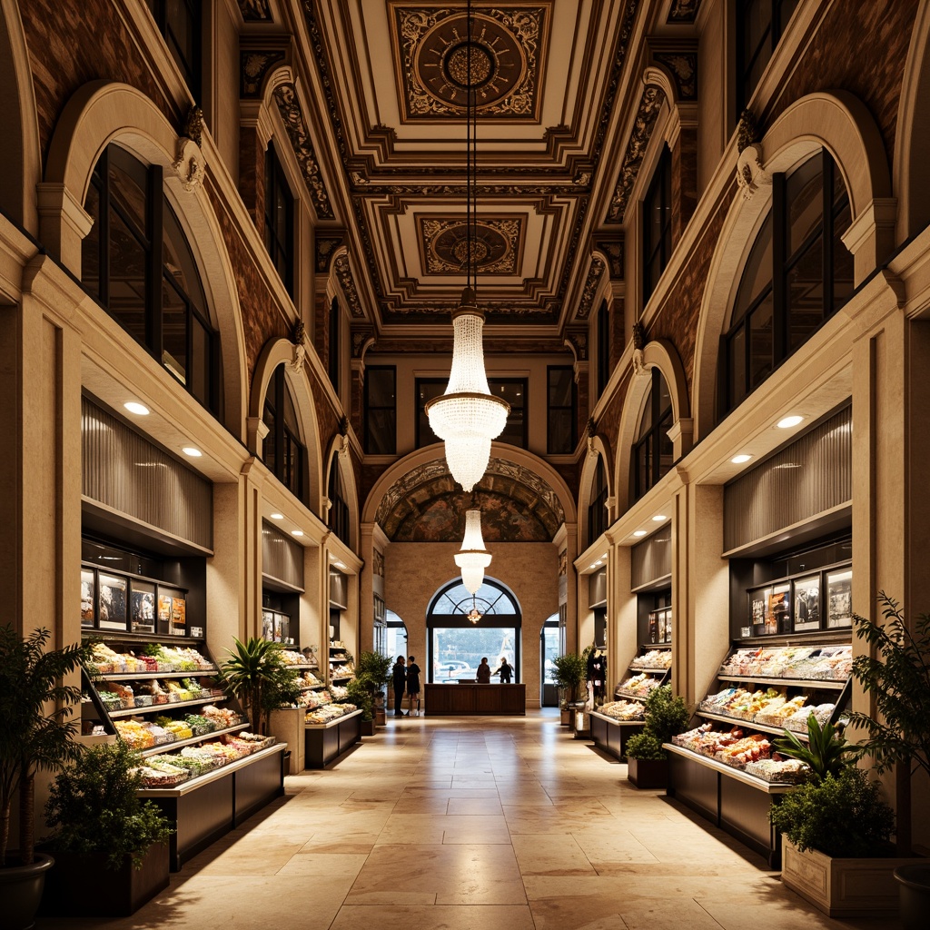 Prompt: Elegant grocery store, ornate cornice details, grand entrance archways, majestic columns, decorative pilasters, symmetrical fa\u00e7ade, rusticated stone walls, arched windows, intricate molding patterns, polished marble floors, ornamental ceiling medallions, crystal chandeliers, ambient warm lighting, shallow depth of field, 1/1 composition, realistic textures, subtle ambient occlusion.