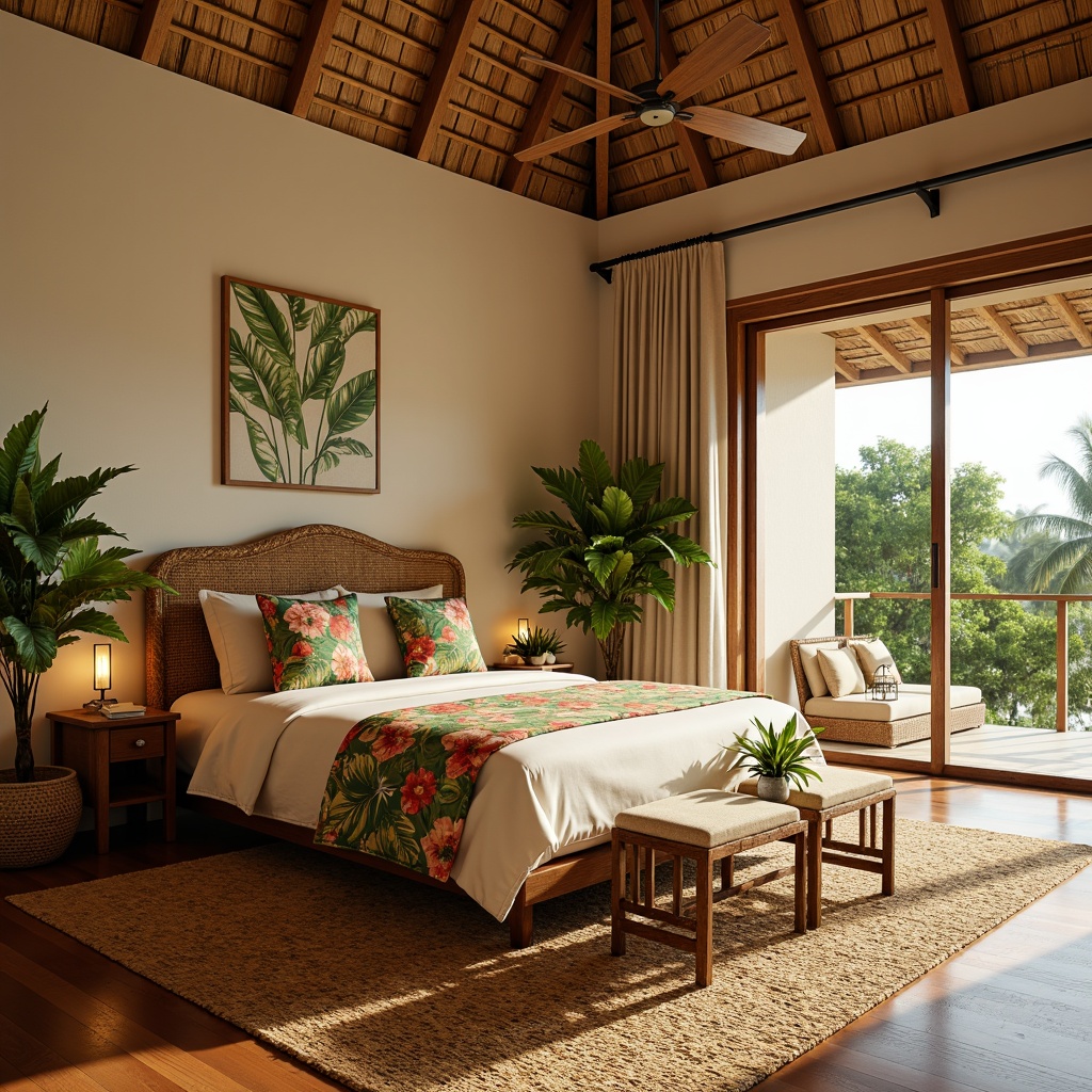 Prompt: Tropical bedroom, woven rattan furniture, natural wood accents, vibrant floral patterns, exotic leaf-inspired textiles, carved wooden headboard, plush velvet upholstery, warm beige walls, lush greenery, potted palms, soft golden lighting, relaxed coastal vibe, minimalist decor, airy open space, large sliding glass doors, ocean breeze inspiration, driftwood decorative accessories, woven jute rugs, natural fiber curtains.