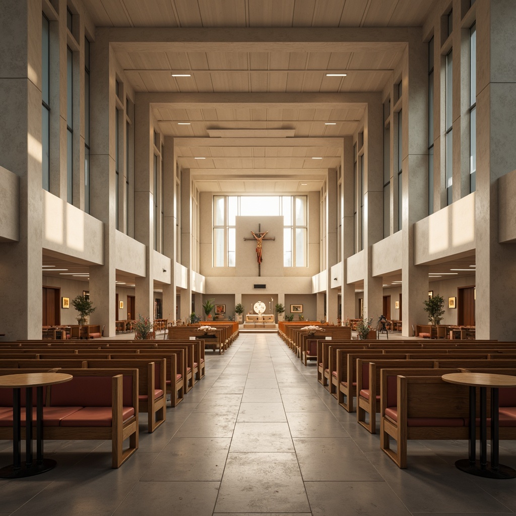 Prompt: Modern church interior, minimalist aesthetic, sleek lines, neutral color palette, wooden pews, upholstered chairs, circular tables, metal leg details, subtle textures, ambient lighting, stained glass windows, vaulted ceilings, open spaces, communal seating areas, prayer rooms, soft warm glow, shallow depth of field, 1/2 composition, realistic reflections, ornate crucifixes, simple altarpieces.