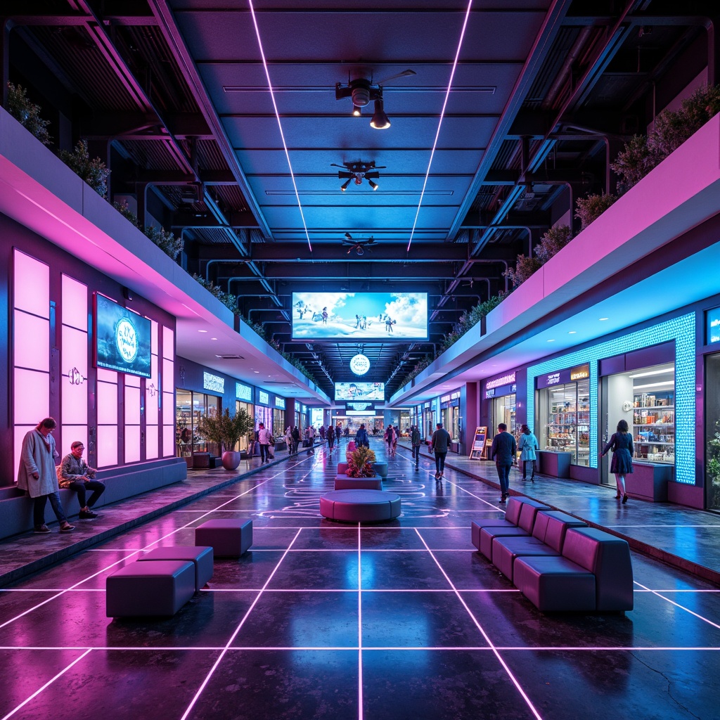 Prompt: Neon-lit shopping mall, futuristic retail space, sleek metal framework, holographic advertisements, minimalist product displays, levitating shelves, curved LED screens, iridescent acrylic surfaces, geometric patterned floors, mirrored ceilings, ambient occlusion, soft pulsing lighting, shallow depth of field, 3/4 composition, panoramic view, realistic textures, avant-garde furniture design, low-gravity seating areas, cyberpunk-inspired decor, virtual reality experience zones, holographic product demonstrations, immersive brand experiences.