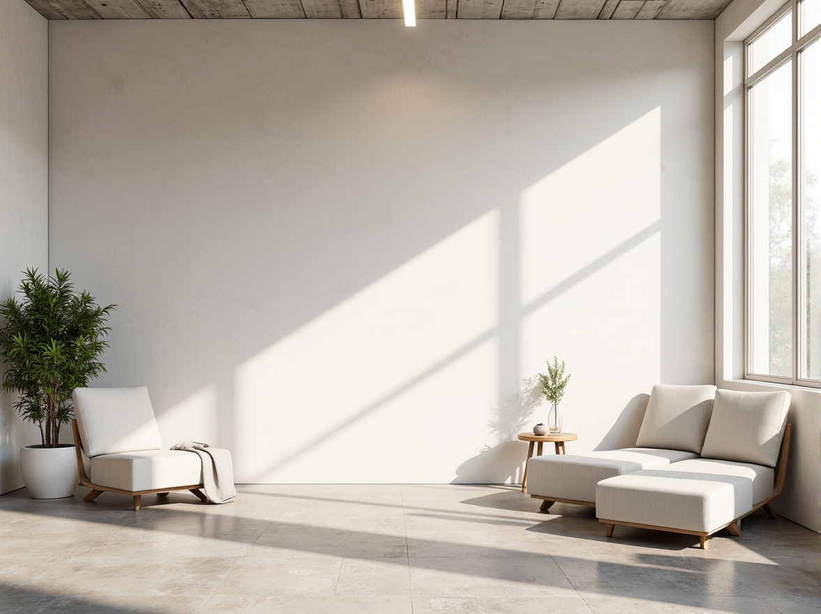 Prompt: Monochromatic interior space, soft pastel hues, calming whites, creamy neutrals, industrial concrete floors, sleek metal accents, minimalist furniture pieces, geometric shapes, subtle textures, natural light pouring in, airy atmosphere, shallow depth of field, 1/1 composition, realistic renderings, ambient occlusion.