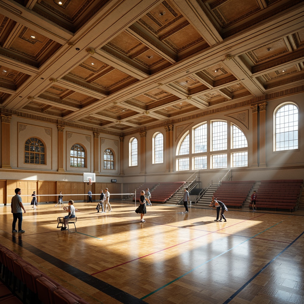 Prompt: Grand gymnasium, neoclassical architecture, high ceilings, ornate moldings, marble floors, wooden sports equipment, basketball hoops, volleyball nets, athletic tracks, bleachers, comfortable seating areas, decorative columns, arched windows, natural light pouring in, warm earthy tones, soft ambient lighting, 1/2 composition, medium depth of field, realistic textures, subtle shading.