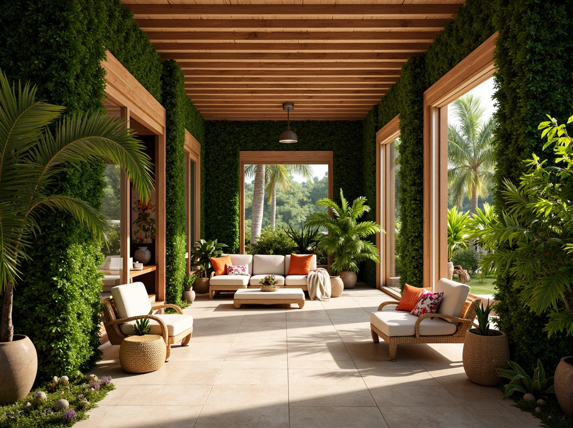 Prompt: Lush greenery walls, natural stone flooring, wooden accents, rattan furniture, vibrant colorful textiles, woven bamboo shades, tropical plants, palm trees, bright sunny day, warm soft lighting, shallow depth of field, 1/1 composition, realistic textures, ambient occlusion, airy open spaces, sliding glass doors, minimal ornamentation, organic shapes, earthy tone color palette, natural material emphasis.