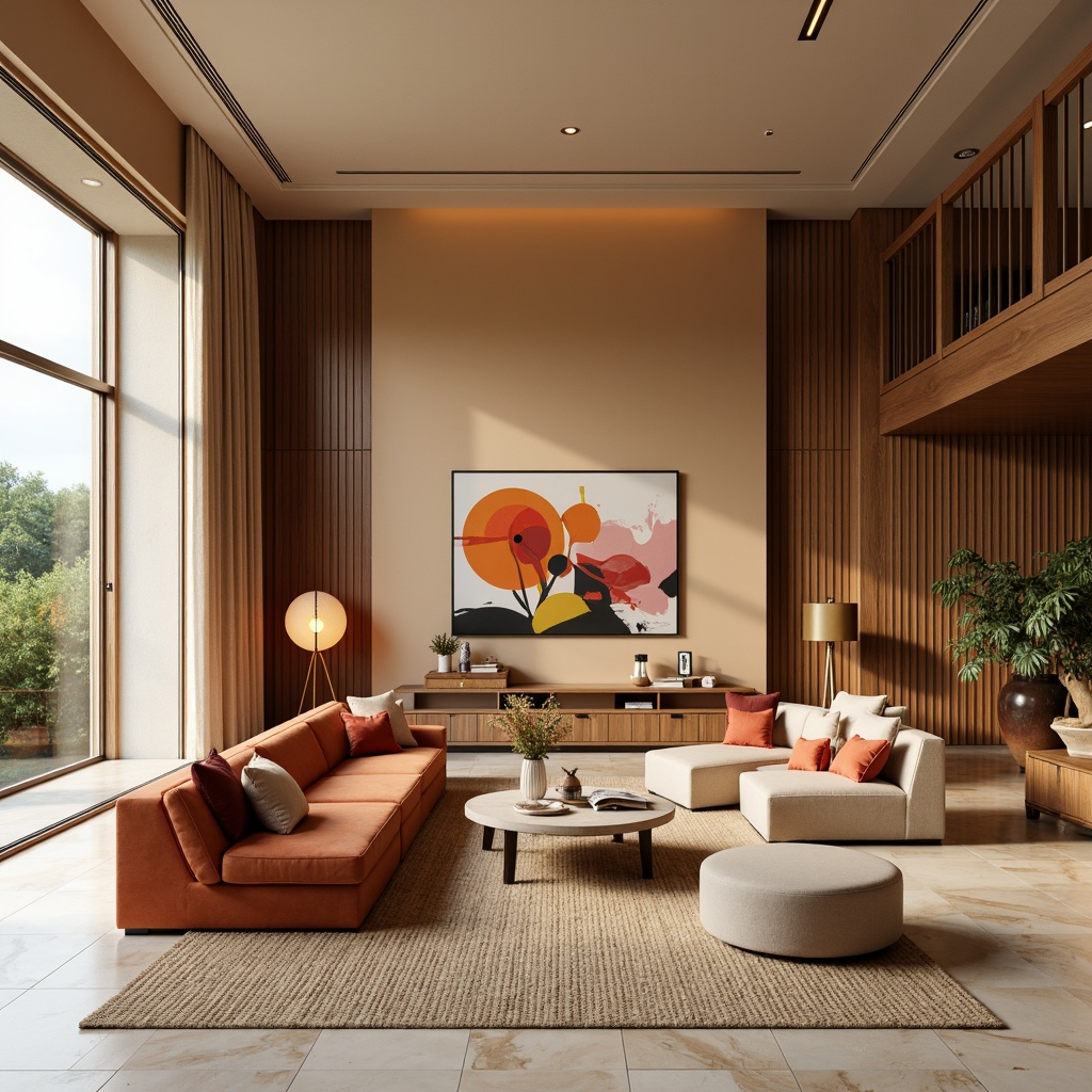 Prompt: Vibrant living room, earthy tone walls, rich wood furniture, plush velvet sofas, golden lighting fixtures, creamy marble floors, modern minimalist decor, natural textiles, calming ambiance, warm beige accents, soft pastel hues, bold accent walls, eclectic art pieces, cozy reading nooks, floor-to-ceiling windows, abundant natural light, airy atmosphere.