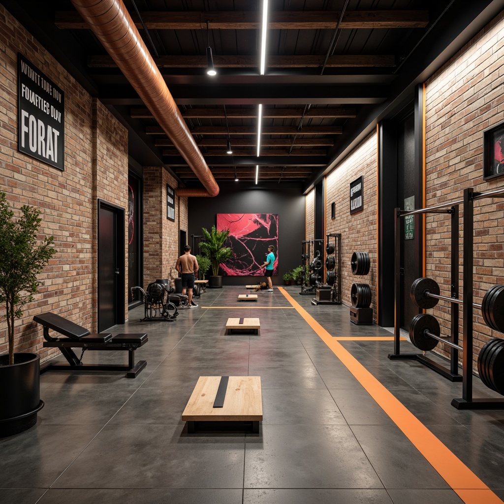 Prompt: Modern home gym, industrial chic decor, reclaimed wood accents, metallic tones, polished concrete floors, textured stone walls, rustic wooden beams, sleek steel columns, matte black equipment, neon color accents, high-gloss epoxy paint, abstract geometric patterns, motivational quotes, ambient LED lighting, dynamic shadows, 1/2 composition, cinematic atmosphere.