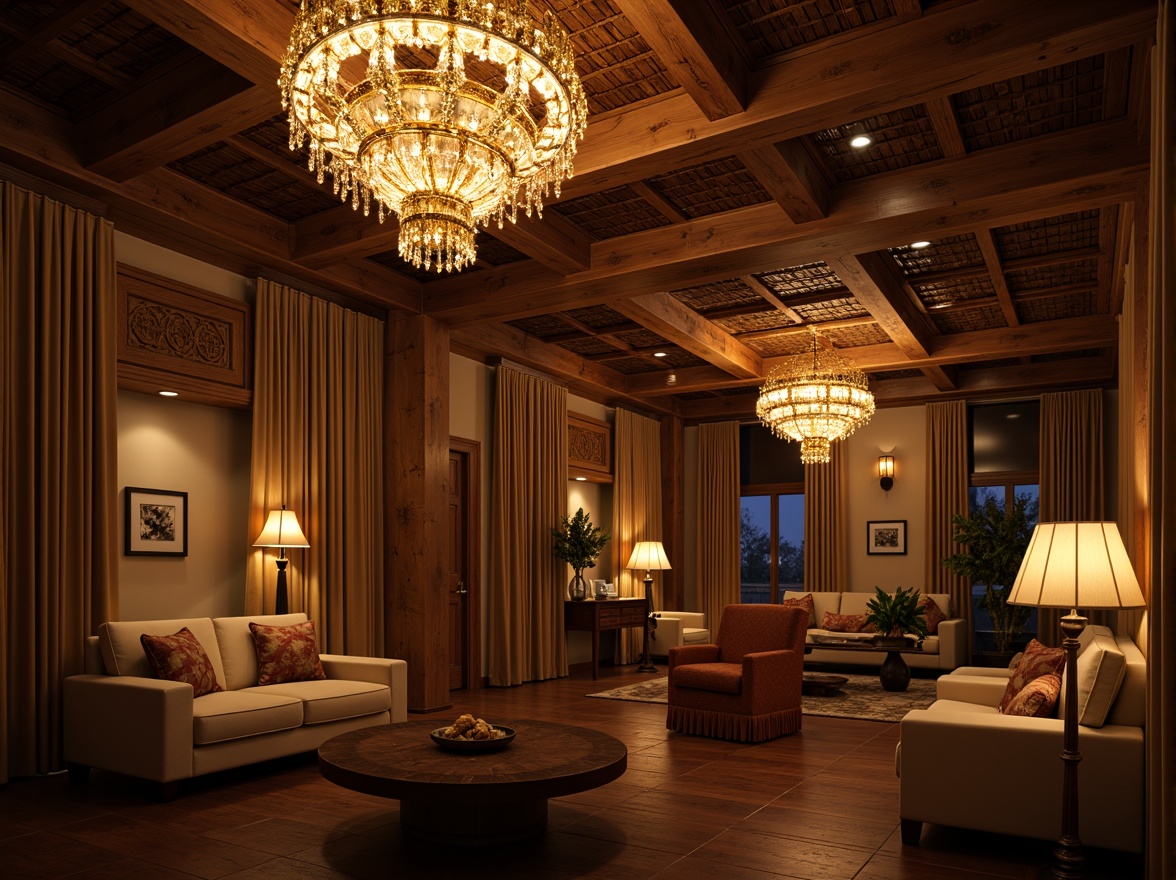 Prompt: Warm traditional interior, ornate chandeliers, soft warm glow, golden lighting fixtures, crystal drops, rich wood tones, intricate carvings, comfortable seating areas, plush furnishings, velvet drapes, subtle ambient light, table lamps, floor lamps, cozy reading nooks, natural materials, earthy color palette, rustic accents, warm beige walls, traditional artwork, classic decorative elements, soft focus, shallow depth of field, 1/1 composition, realistic textures, atmospheric lighting.