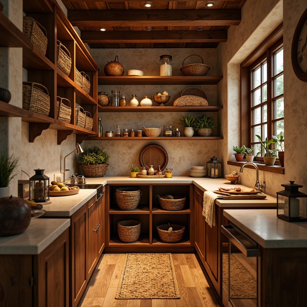 Prompt: Warm rustic pantry, earthy tone walls, natural wood shelves, woven baskets, vintage metal lanterns, warm golden lighting, soft beige countertops, rich brown cabinets, decorative ceramic jars, aromatic spice racks, woven textiles, cozy atmosphere, shallow depth of field, 1/2 composition, realistic textures, ambient occlusion.