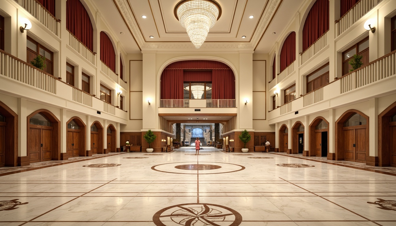 Prompt: Luxurious gymnasium, high ceilings, grand chandeliers, polished marble floors, intricate inlays, ornate moldings, stately columns, rich wood accents, cream-colored walls, elegant archways, symmetrical composition, soft warm lighting, shallow depth of field, 3/4 view, realistic textures, ambient occlusion.