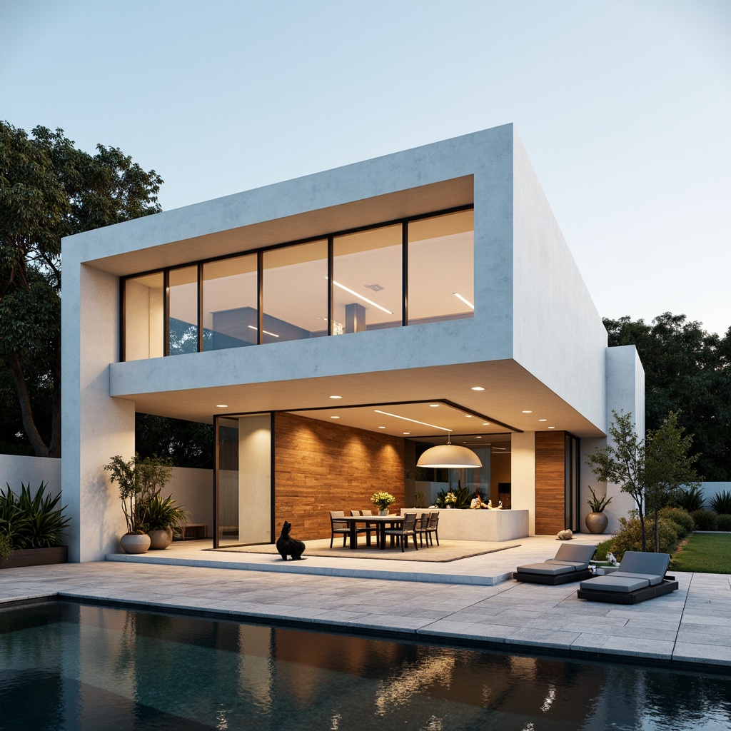 Prompt: Modern villa, sleek lines, minimalist design, large windows, sliding glass doors, open-plan living area, natural stone walls, creamy white exterior, warm beige accents, rich wood tones, monochromatic color scheme, subtle texture contrasts, ambient lighting, soft shadows, 3/4 composition, panoramic view, realistic materials, atmospheric perspective.