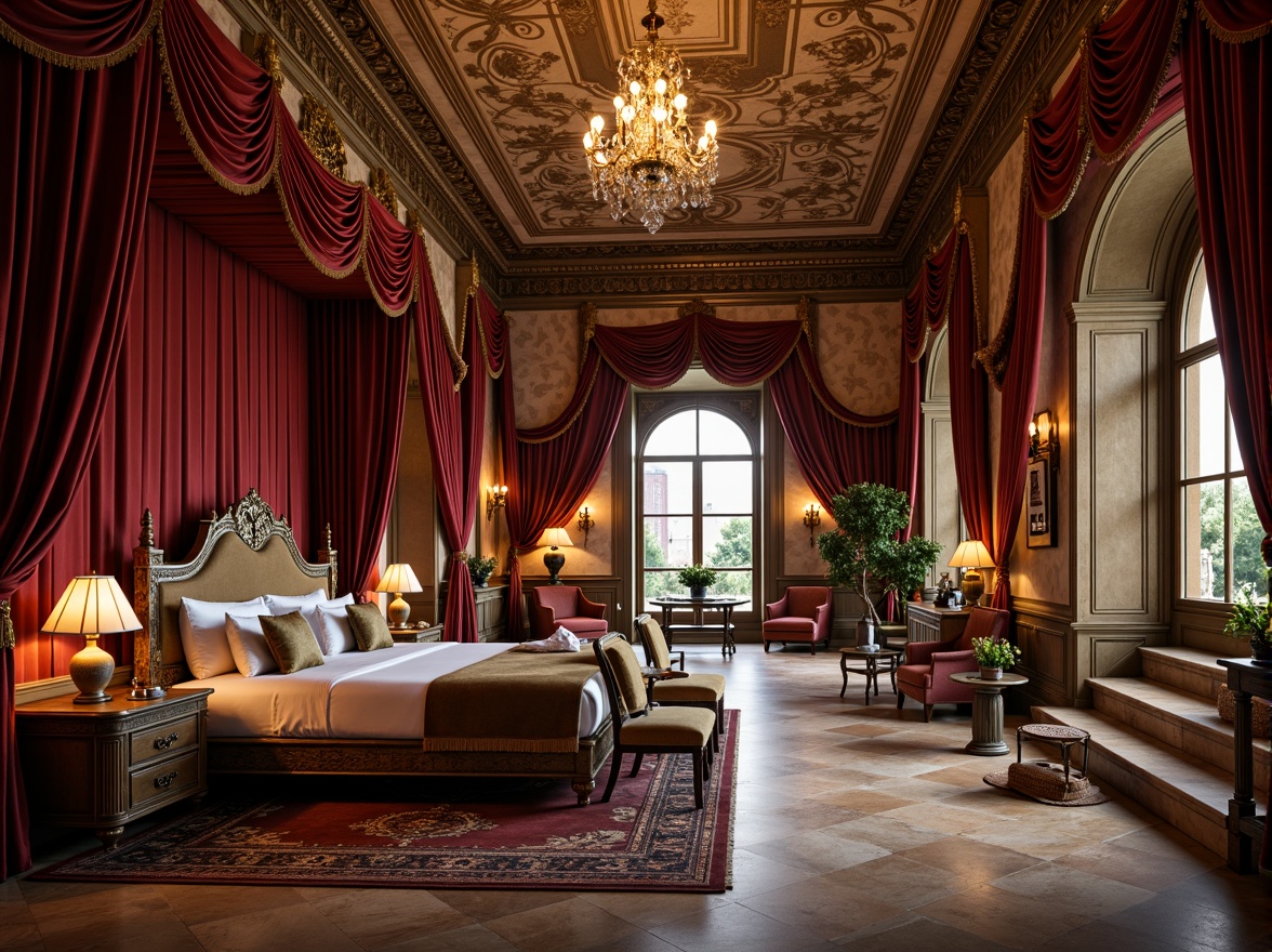 Prompt: Luxurious apartment interior, rich velvet drapes, ornate gold leaf patterns, intricate wood carvings, crystal chandeliers, marble floors, lavish furnishings, regal throne-like chairs, majestic four-poster beds, opulent tapestries, dramatic archways, sweeping staircases, grandiose ceilings, warm candlelight, soft focused lighting, 1/2 composition, intimate atmosphere, realistic textures, ambient occlusion.