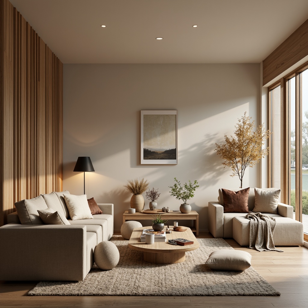 Prompt: Cozy living room, plush throw blankets, soft velvet fabrics, warm beige colors, natural wood accents, comfortable seating arrangements, modern minimalist decor, subtle patterned rugs, ambient lighting, shallow depth of field, 1/1 composition, realistic textures, ambient occlusion.