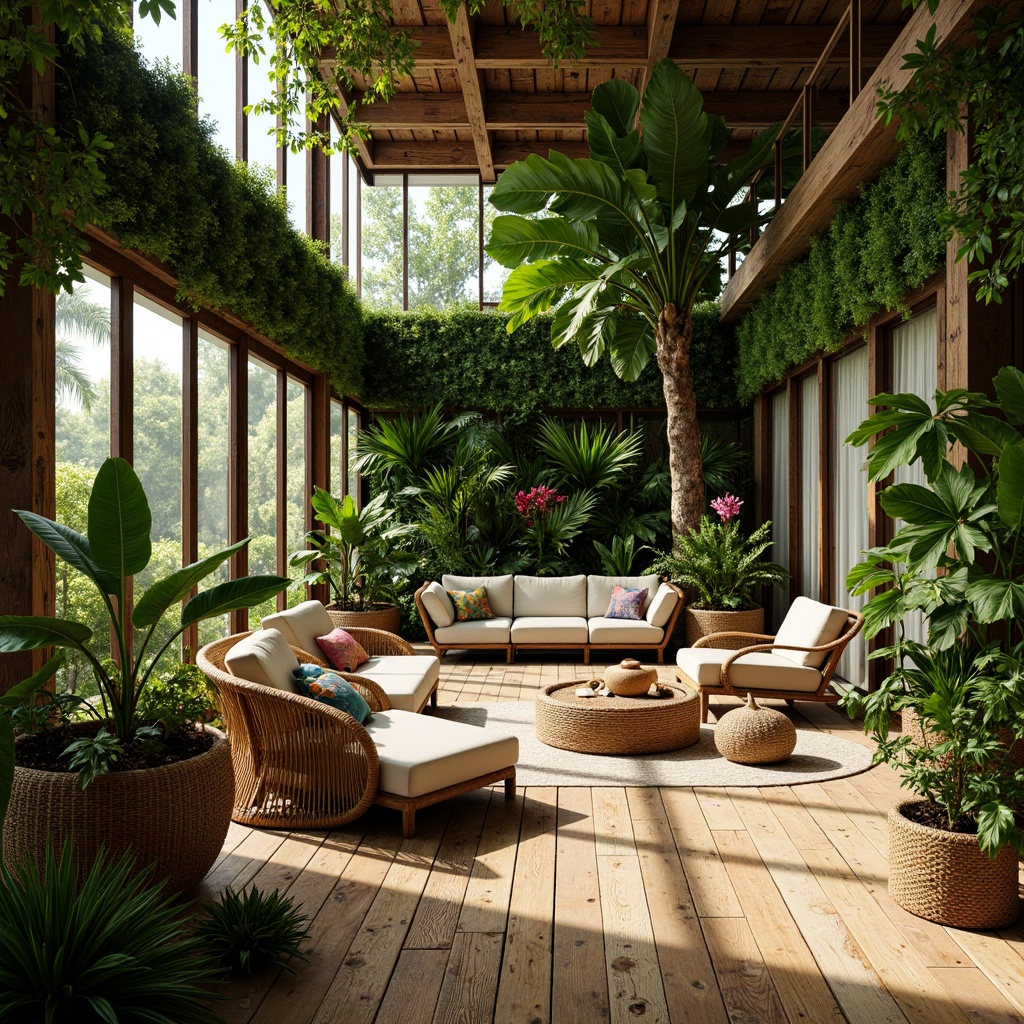 Prompt: Lush green walls, exotic plants, natural wood accents, woven rattan furniture, vibrant colorful textiles, tropical flowers, warm sunny day, soft diffused lighting, shallow depth of field, 3/4 composition, panoramic view, realistic textures, ambient occlusion, curved lines, organic shapes, earthy tone color palette, reclaimed wood flooring, large windows, sliding glass doors, outdoor connections, natural ventilation systems, eco-friendly materials, sustainable design solutions, minimal ornamentation, calming atmosphere.