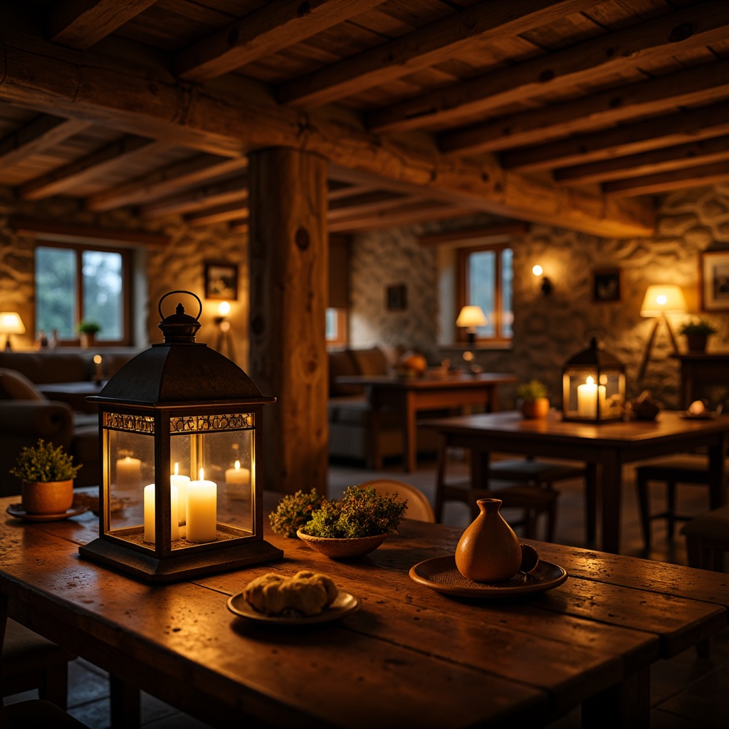 Prompt: Rustic farmhouse, warm golden lighting, soft candlelight, vintage metal lanterns, wooden beam ceilings, stone walls, natural textures, earthy tones, cozy atmosphere, cinematic mood, low-key lighting, subtle shadows, warm color palette, soft focus, shallow depth of field, 2/3 composition, realistic render, ambient occlusion.