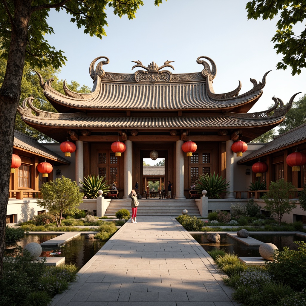 Prompt: Ancient temple, intricately carved wooden doors, ornate stone columns, vibrant red lanterns, majestic dragon sculptures, traditional Chinese roof tiles, symmetrical facade, tranquil courtyard, serene water features, lush greenery, blooming flowers, warm golden lighting, shallow depth of field, 3/4 composition, panoramic view, realistic textures, ambient occlusion.