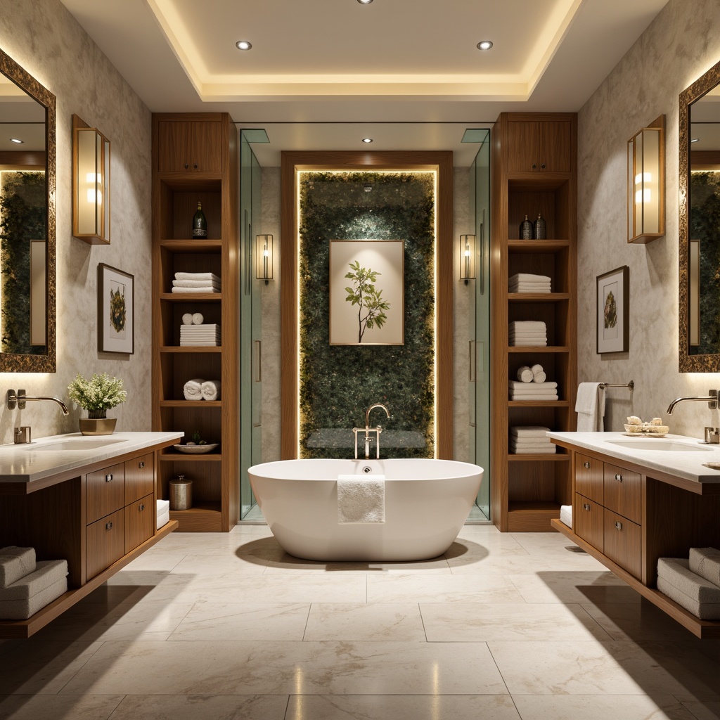 Prompt: Luxurious bathroom, freestanding tub, rainfall showerhead, LED lighting, marble countertops, polished chrome fixtures, ornate mirrors, wooden cabinetry, soft close drawers, ambient warm lighting, 1/1 composition, shallow depth of field, realistic reflections, modern minimalist design, spa-inspired atmosphere, natural stone flooring, wall-mounted sinks, elegant faucets, plush towels, botanical artwork.