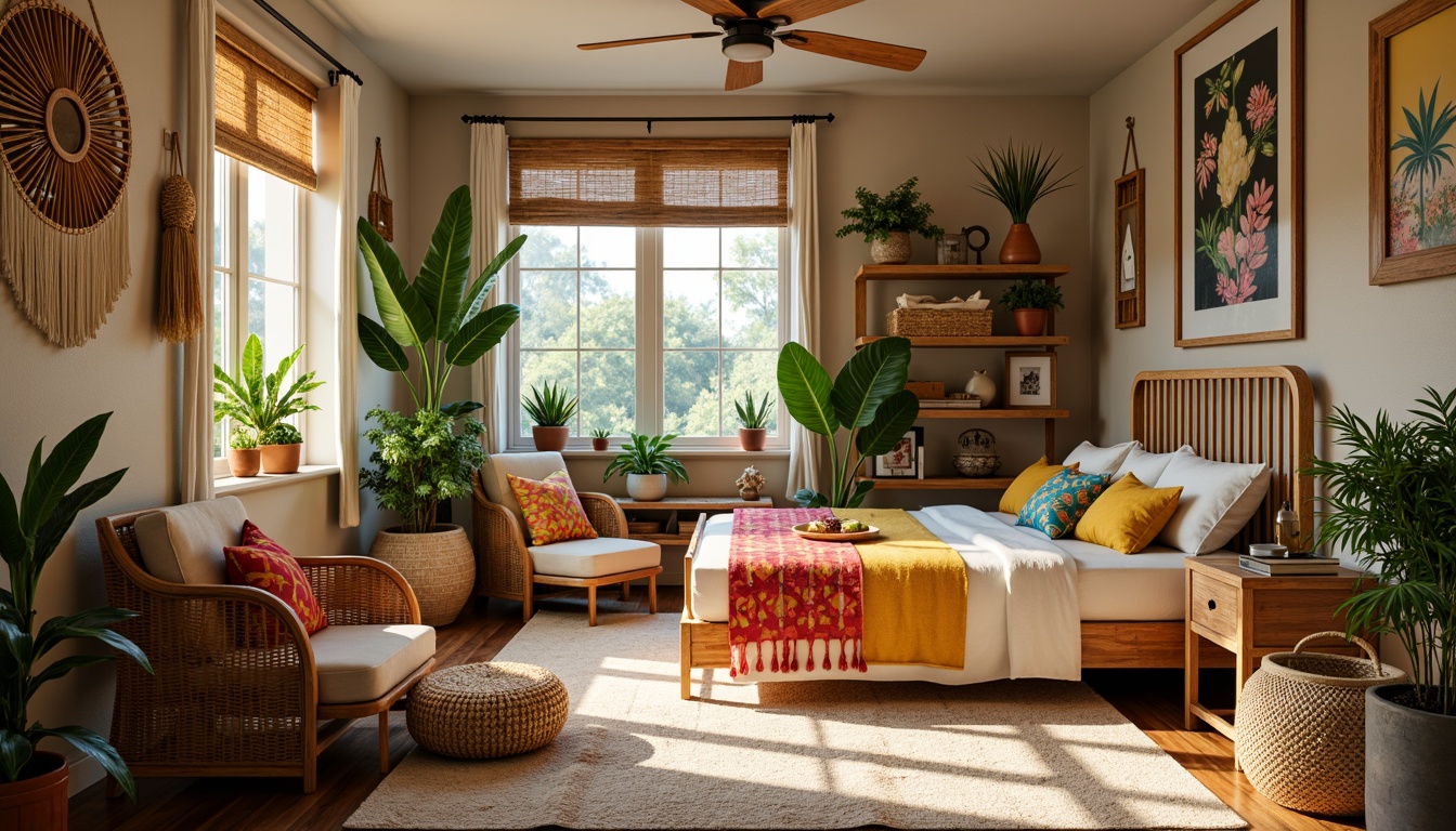 Prompt: Vibrant tropical dorm room, rattan furniture, woven bamboo chairs, natural wood desks, woven wicker storage baskets, colorful tassel throw pillows, bold geometric patterns, lush greenery, exotic plants, warm beige walls, reclaimed wood accents, soft linen fabrics, jute rugs, woven sea grass mats, driftwood decorative items, macrame wall hangings, nature-inspired artwork, warm golden lighting, 1/2 composition, intimate cozy atmosphere.