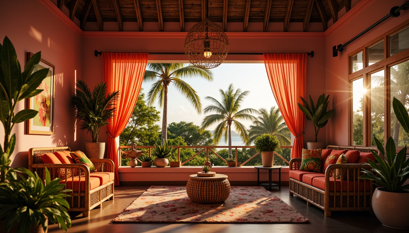 Prompt: Vibrant tropical dorm, palm tree silhouettes, woven rattan furniture, colorful tiki torches, soft warm lighting, layered curtains, natural fiber textiles, woven bamboo accents, exotic flower patterns, bright coral hues, sunny island vibes, relaxed ambiance, shallow depth of field, 1/1 composition, warm golden lighting, cozy reading nook, plush area rug, ambient occlusion.