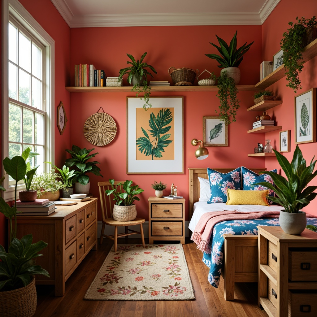 Prompt: Vibrant tropical dorm room, bright coral walls, warm wooden furniture, lush greenery, exotic flower patterns, rattan decor, natural textiles, woven baskets, colorful throw pillows, ocean-inspired blues, sunny yellow accents, creamy white trim, distressed wood finishes, rustic metal fixtures, cozy reading nooks, soft warm lighting, shallow depth of field, 3/4 composition, relaxed atmosphere, tropical leaf motifs, natural fiber rugs.