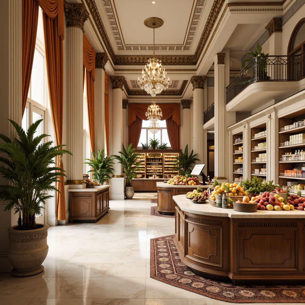 Prompt: Elegant neoclassical grocery store, ornate columns, intricately carved wooden shelves, polished marble floors, creamy white walls, decorative moldings, crystal chandeliers, bronze metal accents, luxurious velvet drapes, natural stone countertops, antique-inspired furniture, warm golden lighting, shallow depth of field, 1/1 composition, realistic textures, ambient occlusion.