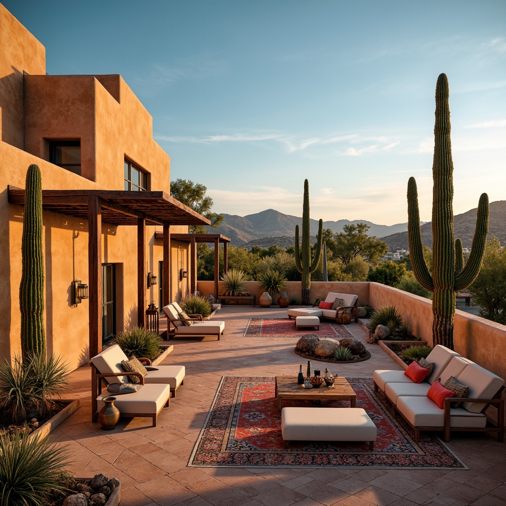 Prompt: Vibrant adobe architecture, warm sandy hues, rustic wooden accents, sprawling desert landscapes, majestic saguaro cacti, bright turquoise skies, vast open plazas, meandering stone pathways, ornate metalwork details, colorful woven textiles, geometric patterned tiles, earthenware pottery, natural fiber rugs, plush sectional sofas, ambient lantern lighting, warm golden hour, shallow depth of field, 3/4 composition, panoramic view.