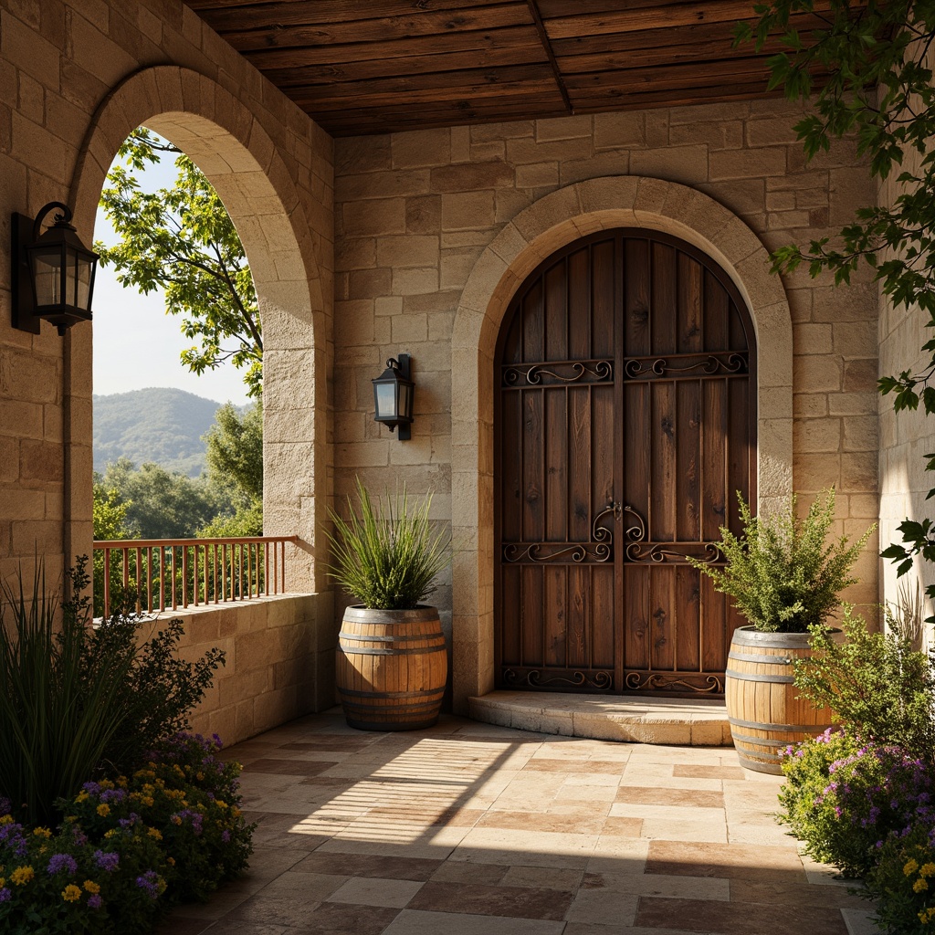 Prompt: Rustic winery, distressed stone walls, vintage wooden barrels, ornate metal gates, earthy tones, warm golden lighting, soft misty atmosphere, organic textures, rough-hewn wood planks, aged brick facades, curved archways, Mediterranean-inspired architecture, lush green vines, blooming flowers, warm sunny day, shallow depth of field, 1/1 composition, realistic reflections, ambient occlusion.