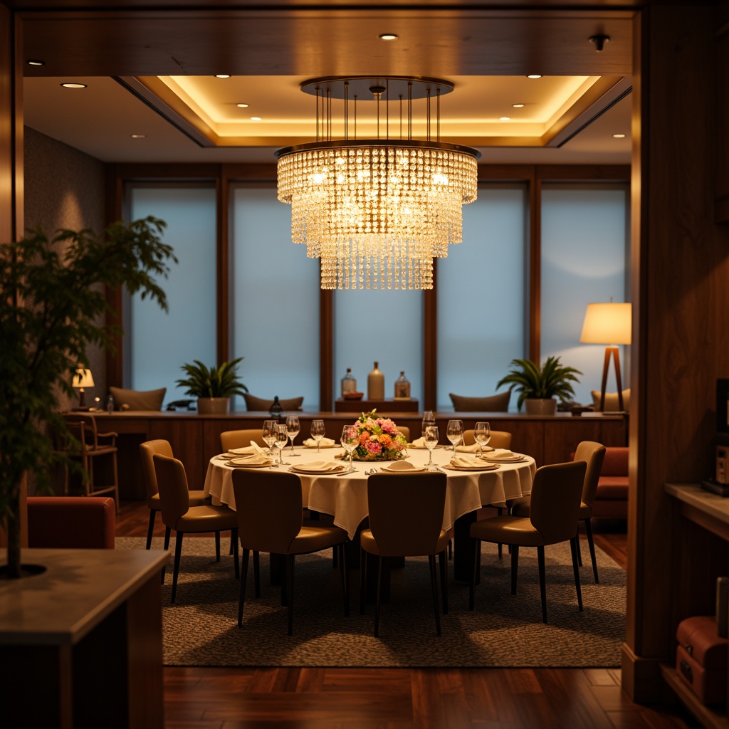 Prompt: Elegant chandelier, crystal pendant lights, warm white ambiance, sophisticated dining room, luxurious furniture, rich wood tones, soft glow, subtle shadows, 1/1 composition, shallow depth of field, realistic textures, ambient occlusion.