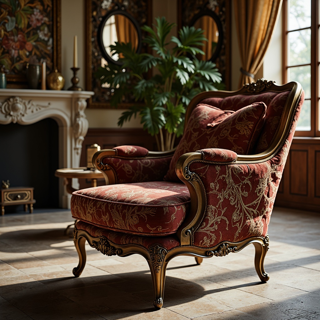 Prompt: Ornate armchair, curved wooden legs, velvet upholstery, flowing organic lines, botanical patterns, sinuous shapes, stained glass details, intricate carvings, polished brass hardware, luxurious fabrics, ornamental mirrors, natural stone flooring, soft warm lighting, shallow depth of field, 3/4 composition, realistic textures, ambient occlusion.