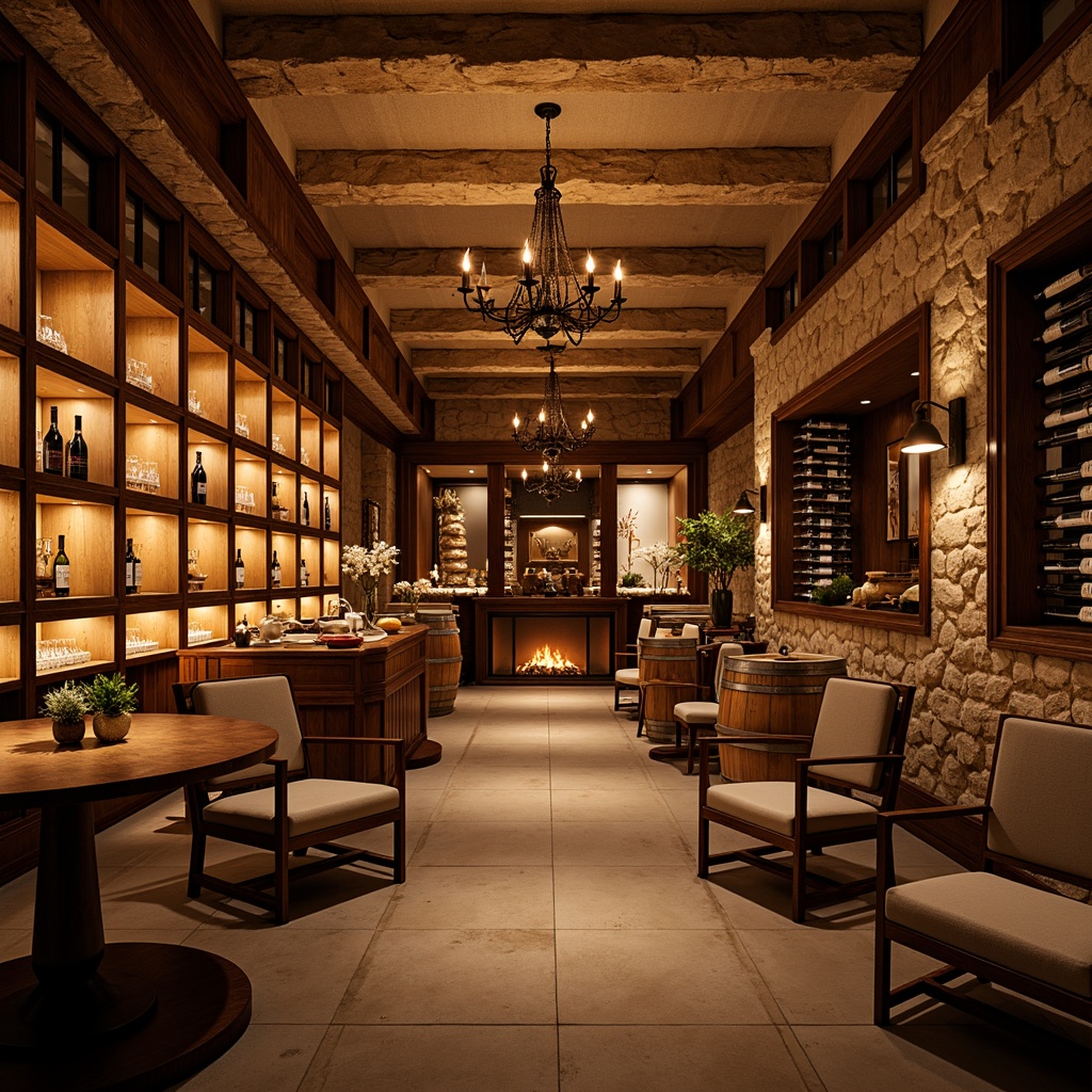 Prompt: Warm wine cellar ambiance, rich wood tones, rustic stone walls, dimmable LED lighting, soft warm glow, ambient floor lamps, elegant chandeliers, subtle backlighting, premium glassware displays, temperature-controlled storage, sleek metal racks, ornate wooden barrels, vintage wine bottles, intimate seating areas, cozy fireplaces, earthy color palette, warm beige tones, rustic bronze accents, dramatic ceiling heights, atmospheric misting systems, realistic reflections, shallow depth of field.