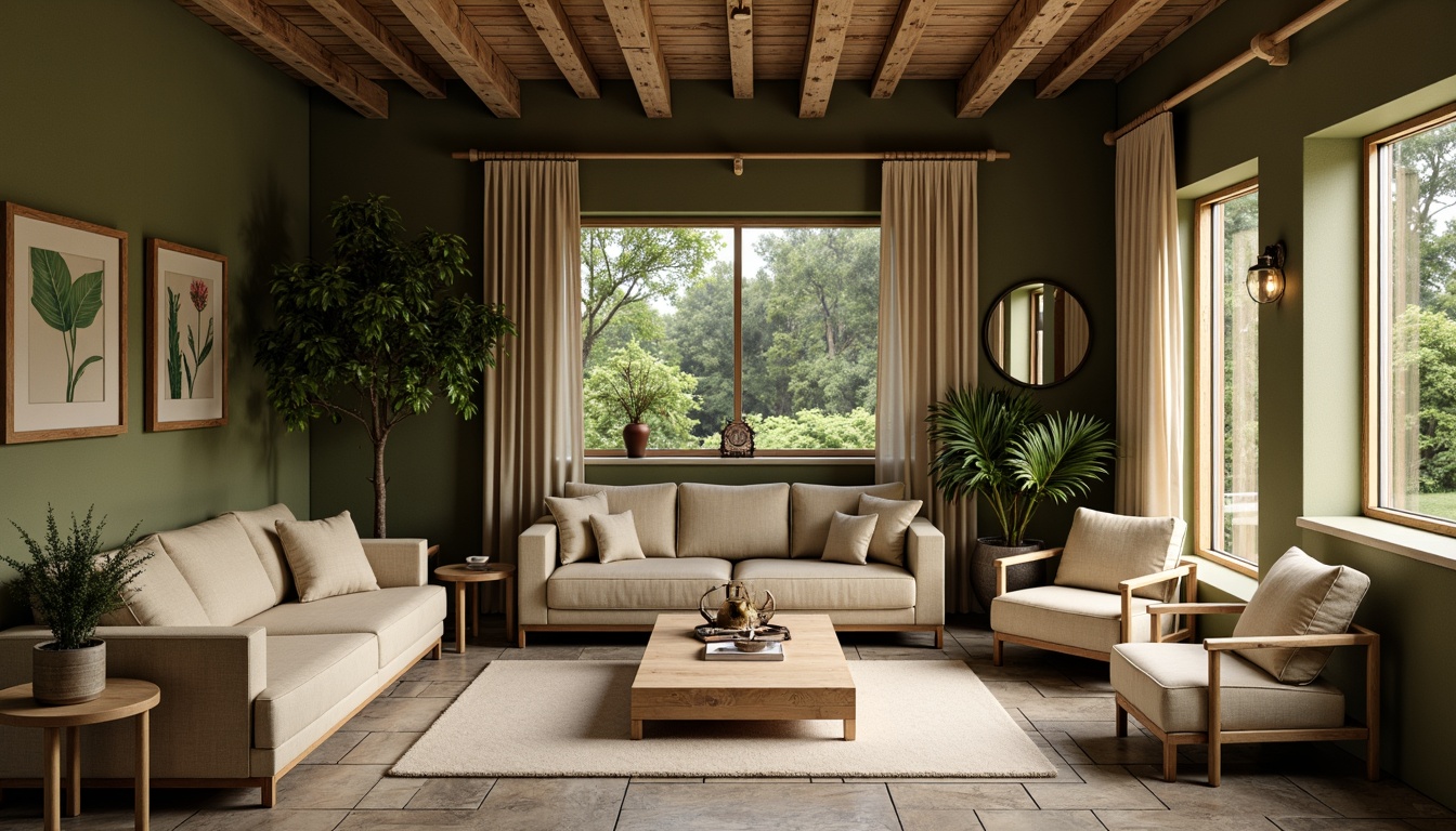 Prompt: Earthy olive green walls, natural stone flooring, rustic wooden accents, vintage metal decorations, soft cream-colored furniture, warm beige curtains, lush greenery, serene ambiance, cloudy day, soft warm lighting, shallow depth of field, 1/1 composition, realistic textures, ambient occlusion.Please let me know if this meets your requirements or if you need further adjustments!