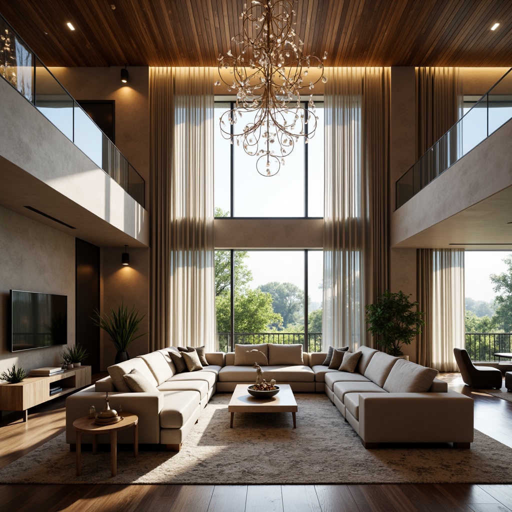 Prompt: Luxurious living room, high ceilings, grand chandeliers, plush carpets, comfortable sofas, modern coffee tables, floor-to-ceiling windows, natural daylight, soft warm lighting, shallow depth of field, 3/4 composition, panoramic view, realistic textures, ambient occlusion, harmonious color schemes, elegant furnishings, stylish decorations, sophisticated spatial flow, airy atmosphere, visual connections, fluid transitions, functional zones, cozy reading nooks, intimate conversation areas.