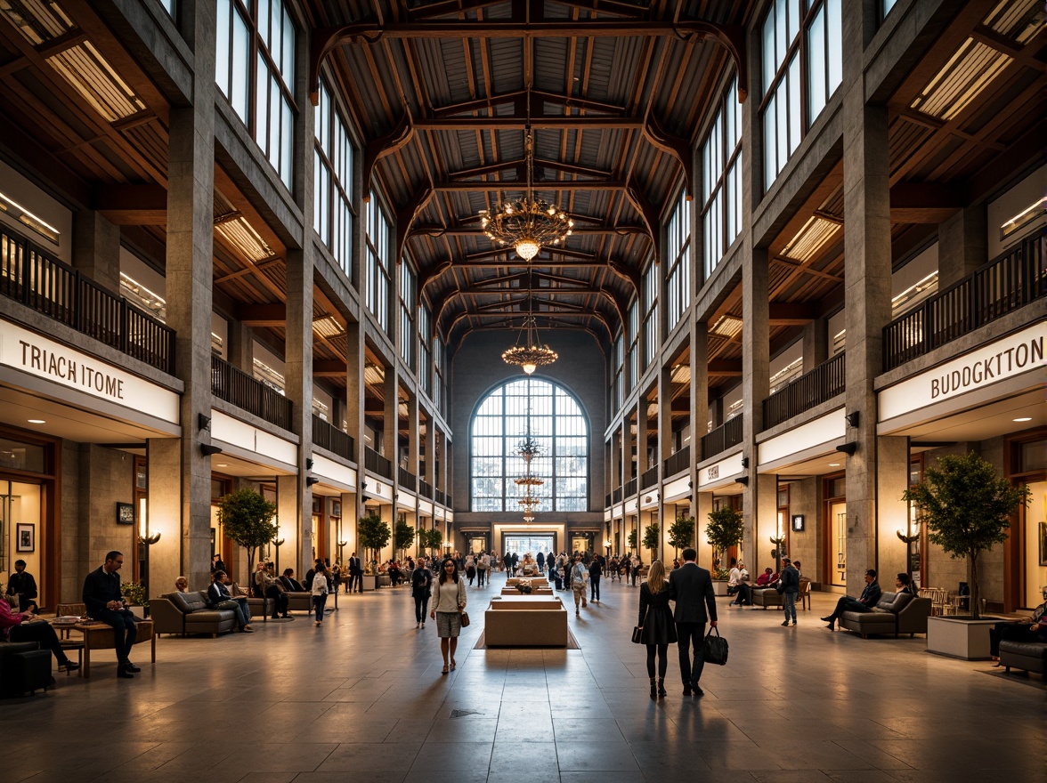 Prompt: Grand train station, high ceiling, vaulted arches, ornate chandeliers, natural stone walls, wooden accents, vintage luggage racks, classic clock towers, modern LED lighting, sleek metal beams, geometric patterns, minimalist decor, spacious waiting areas, comfortable seating, warm color schemes, soft ambient lighting, shallow depth of field, 1/1 composition, realistic textures, ambient occlusion.