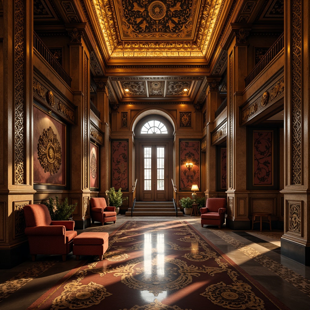 Prompt: Intricate ornate patterns, luxurious gold accents, lavish textures, opulent fabrics, grandiose architectural elements, Baroque-inspired designs, dramatic lighting effects, rich jewel tones, majestic columns, intricate moldings, carved wooden details, gilded frames, beveled glass surfaces, regal atmosphere, high-contrast shading, cinematic composition, realistic reflections, ambient occlusion.