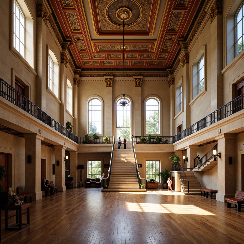 Prompt: Grand gymnasium hall, neoclassical columns, ornate cornices, intricate moldings, wooden parquet flooring, classic pilasters, symmetrical facade, imposing entrance archways, stately stone stairs, regal balcony railings, ornamental ironwork, vibrant athletic colors, richly textured walls, dramatic ceiling heights, natural light pouring in, soft warm glow, shallow depth of field, 2/3 composition, realistic textures, ambient occlusion.