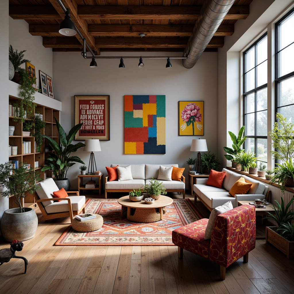 Prompt: Vibrant artistic studio, eclectic furniture arrangement, rich textile patterns, bold color accents, pastel hues, earthy tones, natural light pouring in, large windows, wooden floors, industrial chic decor, modern art pieces, creative freedom, inspirational quotes, cozy reading nook, warm atmospheric lighting, shallow depth of field, 1/1 composition, soft focus, realistic textures.