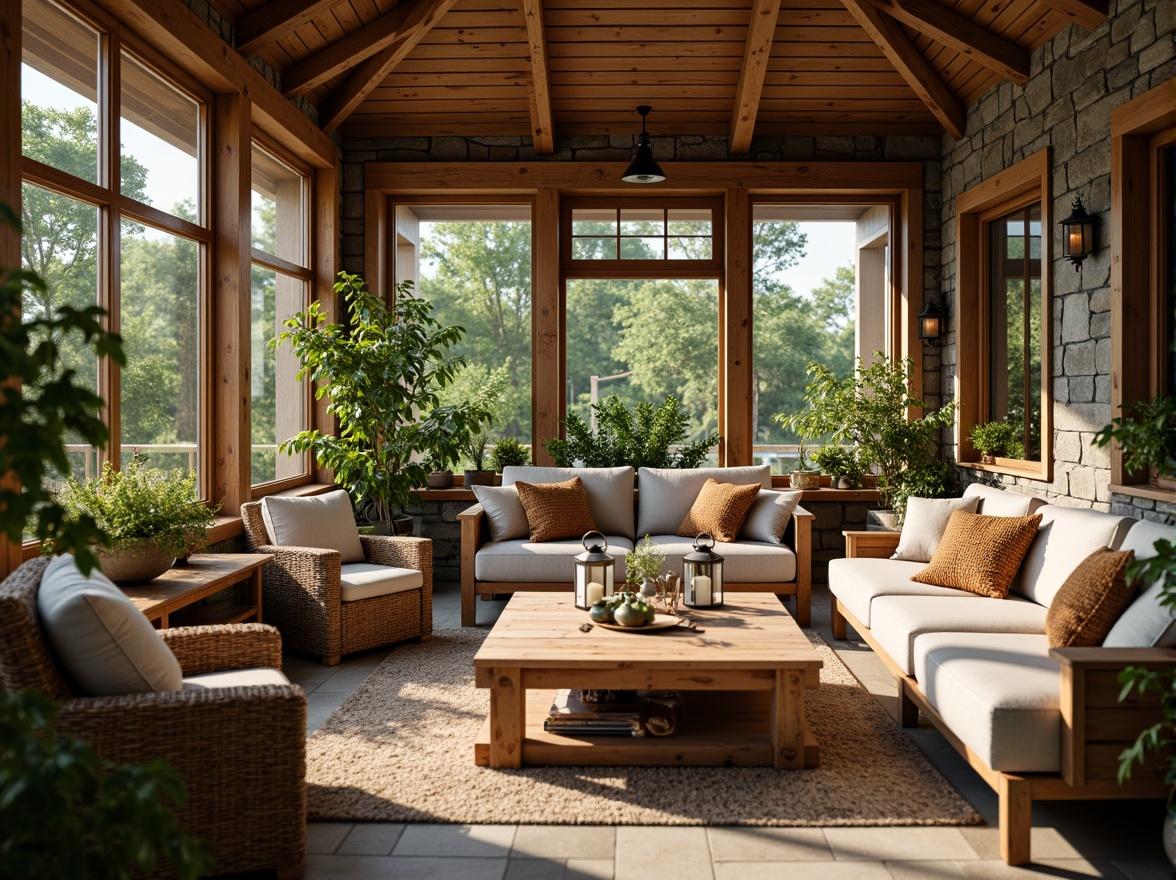 Prompt: Cozy sunroom, rustic wooden accents, natural stone walls, earthy color palette, plush sectional sofas, woven wicker armchairs, reclaimed wood coffee tables, vintage metal lanterns, lush greenery, potted plants, floor-to-ceiling windows, soft warm lighting, shallow depth of field, 1/2 composition, intimate atmosphere, organic textures, ambient occlusion.