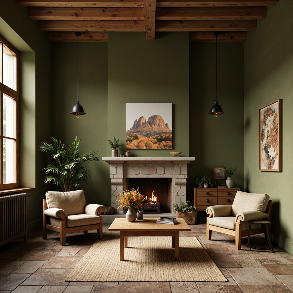 Prompt: Earthy tones, olive green walls, natural stone flooring, wooden accents, vintage furniture, distressed textures, warm lighting, cozy atmosphere, autumnal colors, muted shades, organic feel, nature-inspired design, subtle contrast, harmonious balance, 2/3 composition, soft focus, filmic grain, realistic rendering.