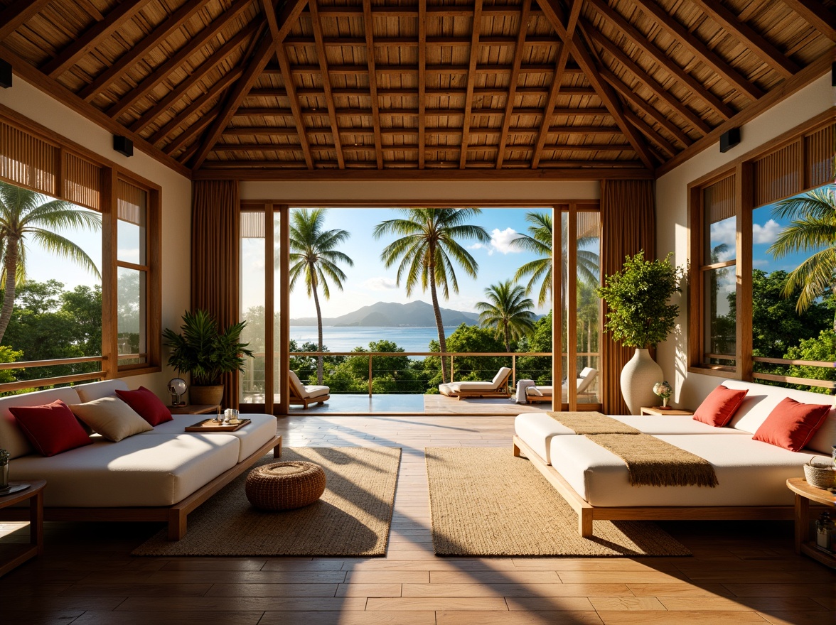 Prompt: Tropical dormitory, natural ventilation, large windows, sliding glass doors, louvered shutters, wooden accents, rattan furniture, woven bamboo screens, palm tree silhouettes, warm sunny day, soft diffused lighting, shallow depth of field, 1/1 composition, relaxed atmosphere, earthy color palette, organic textures, ambient occlusion.