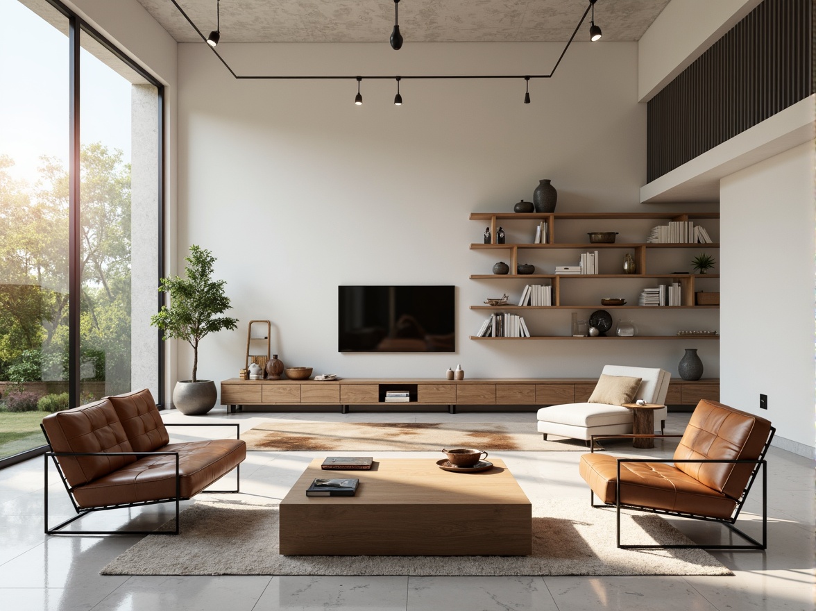 Prompt: Minimalist living room, industrial-chic decor, functional furniture, tubular steel chairs, leather cushions, geometric wooden tables, minimalist shelving units, monochromatic color scheme, clean lines, rectangular shapes, marble flooring, large windows, natural light, soft warm glow, shallow depth of field, 1/1 composition, realistic textures, ambient occlusion.