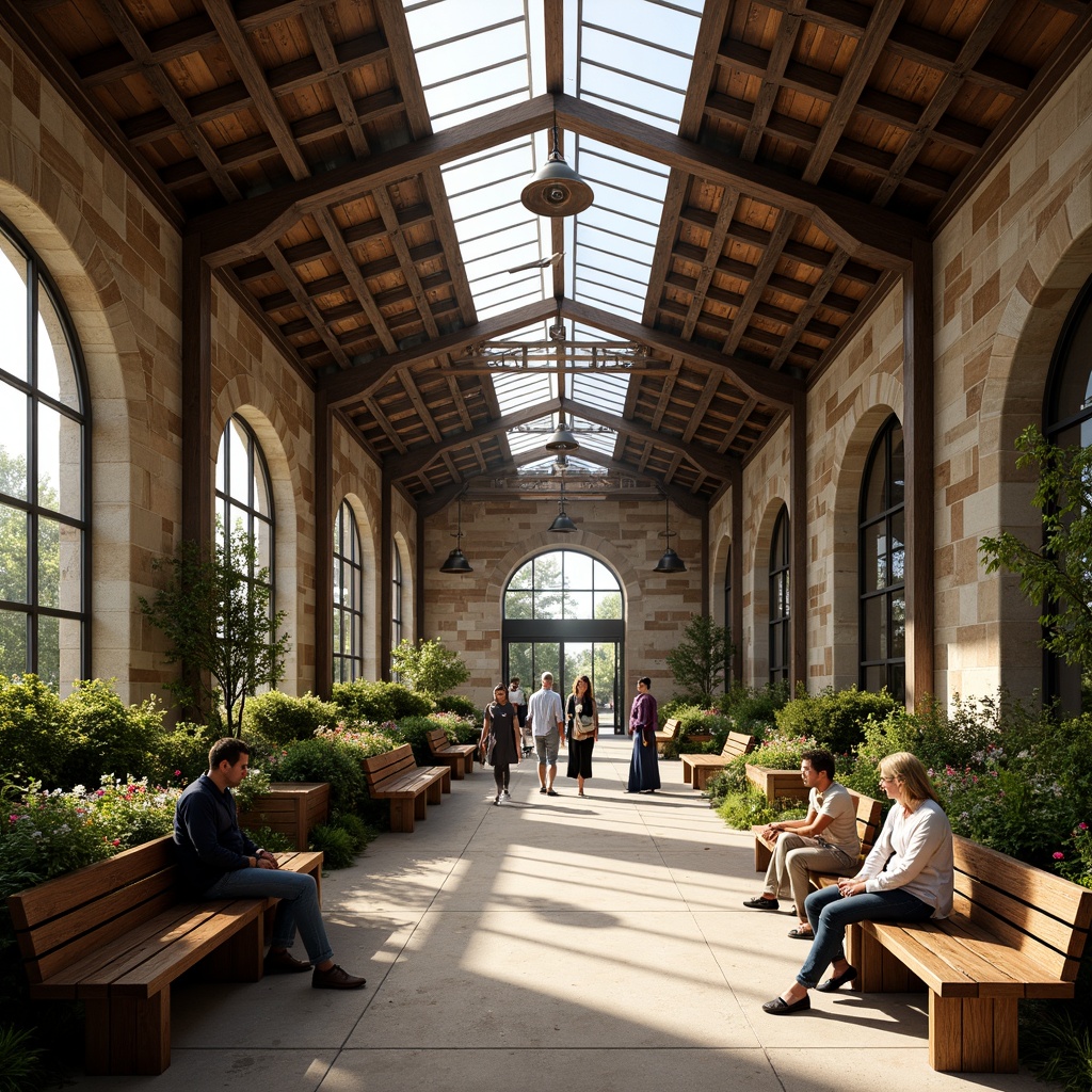 Prompt: Rustic bus station, natural stone walls, wooden benches, vibrant greenery, overhead skylights, warm ambiance, cozy waiting areas, industrial-style lighting fixtures, metal framework structures, earthy tone color scheme, comfortable seating arrangements, ample legroom, people watching opportunities, lively atmosphere, busy transportation hub, morning sunlight, soft shadows, 1/1 composition, realistic textures, ambient occlusion.