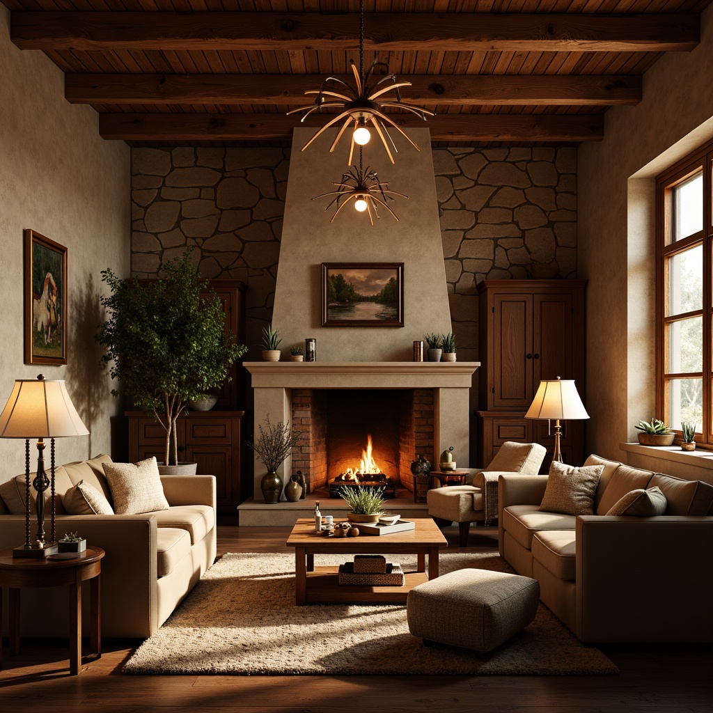 Prompt: Cozy living room, warm ambient lighting, table lamps, floor lamps, pendant lights, chandeliers, soft warm glow, relaxing atmosphere, comfortable seating, wooden furniture, plush carpets, natural stone walls, earthy color palette, afternoon sunlight, gentle shadows, 1/1 composition, realistic textures, ambient occlusion.